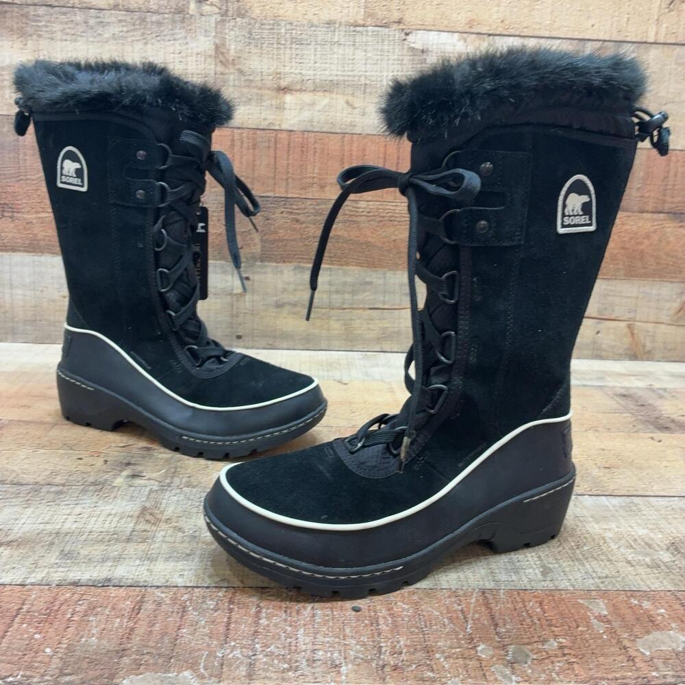 Sorel Snow Boots Womens Size 7.5 38.5 Black Suede Faux Fur Wedge NL2537-010